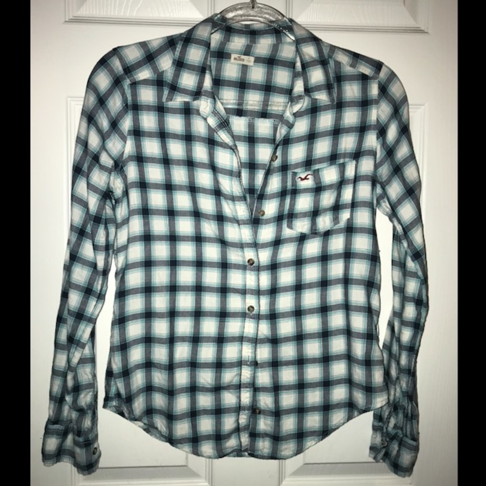 Hollister teal, black and white plaid flannel